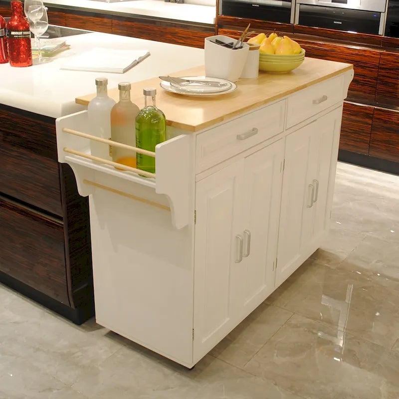 Kitchen Island & Kitchen Cart , Rubber Wood Top , Big & Adjustable Shelf Inside Cabinet for Different Utensils.