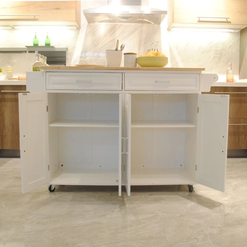 Kitchen Island & Kitchen Cart , Rubber Wood Top , Big & Adjustable Shelf Inside Cabinet for Different Utensils.