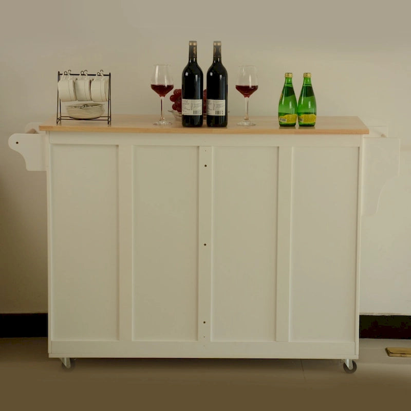 Kitchen Island & Kitchen Cart , Rubber Wood Top , Big & Adjustable Shelf Inside Cabinet for Different Utensils.