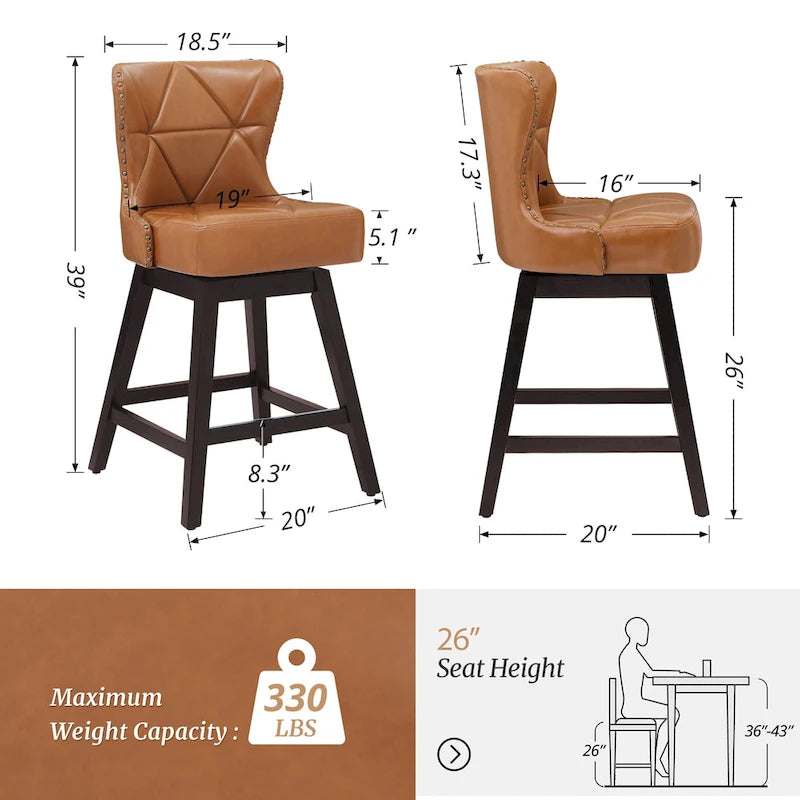 26 in. Mid - Century Modern Swivel Bar Stools Faux Leather and Linen Counter Stools with Wood FrameSet of 3