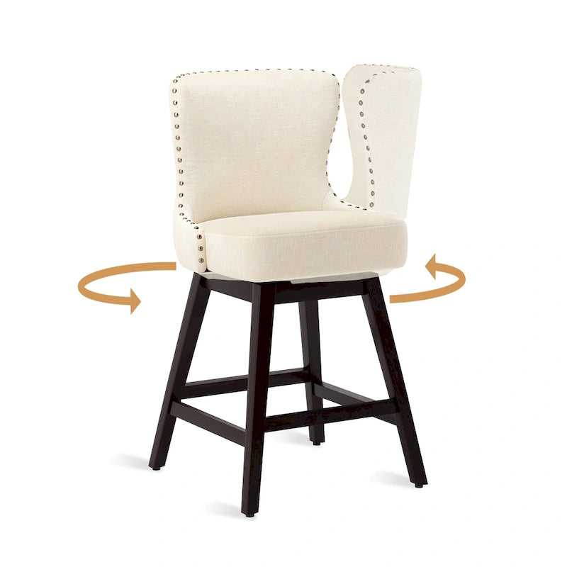 26 in. Mid - Century Modern Swivel Bar Stools Faux Leather and Linen Counter Stools with Wood FrameSet of 3