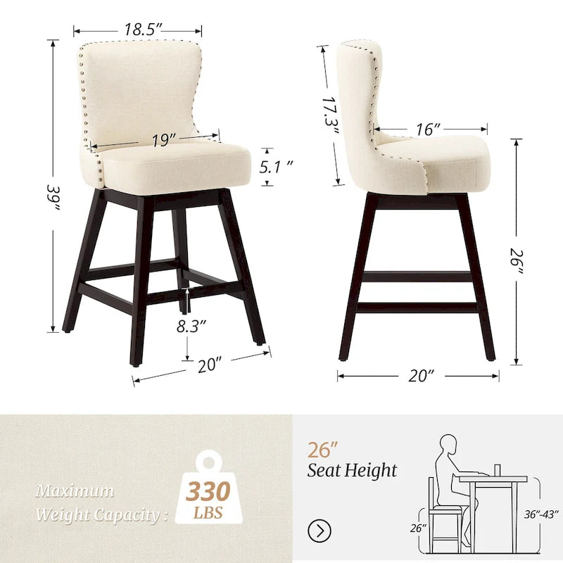 26 in. Mid - Century Modern Swivel Bar Stools Faux Leather and Linen Counter Stools with Wood FrameSet of 3