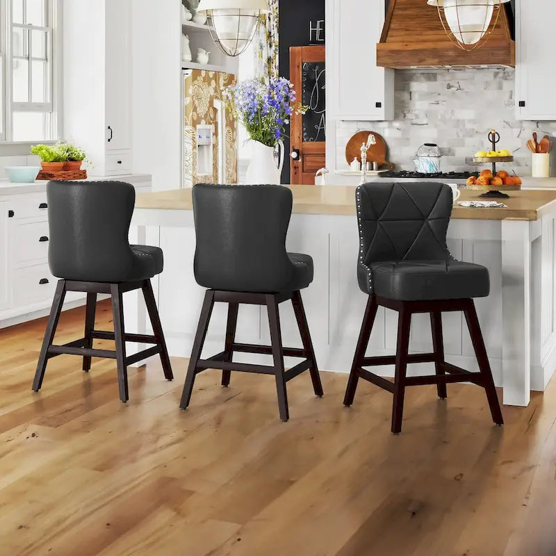 26 in. Mid - Century Modern Swivel Bar Stools Faux Leather and Linen Counter Stools with Wood FrameSet of 3