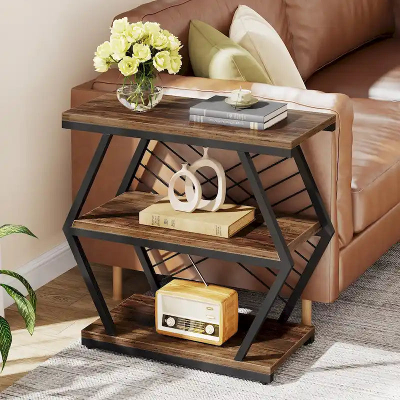 25 End Table 3 - Tier Side Table with Metal Frame for Living Room Couch Side , Nightstands Bedsides Table for Bedroom