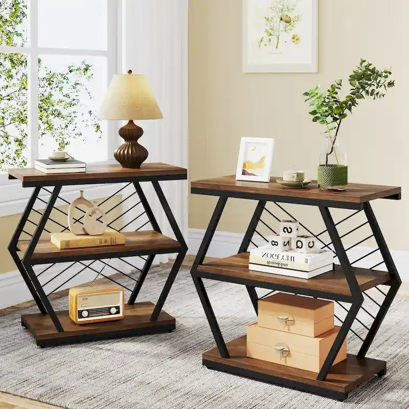25 End Table 3 - Tier Side Table with Metal Frame for Living Room Couch Side , Nightstands Bedsides Table for Bedroom