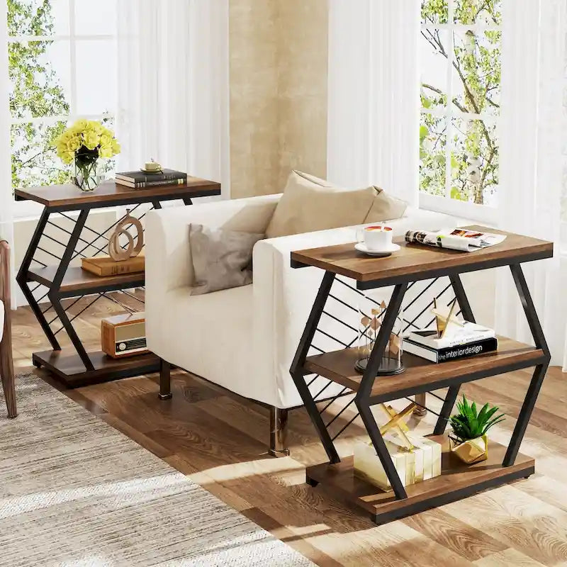 25 End Table 3 - Tier Side Table with Metal Frame for Living Room Couch Side , Nightstands Bedsides Table for Bedroom
