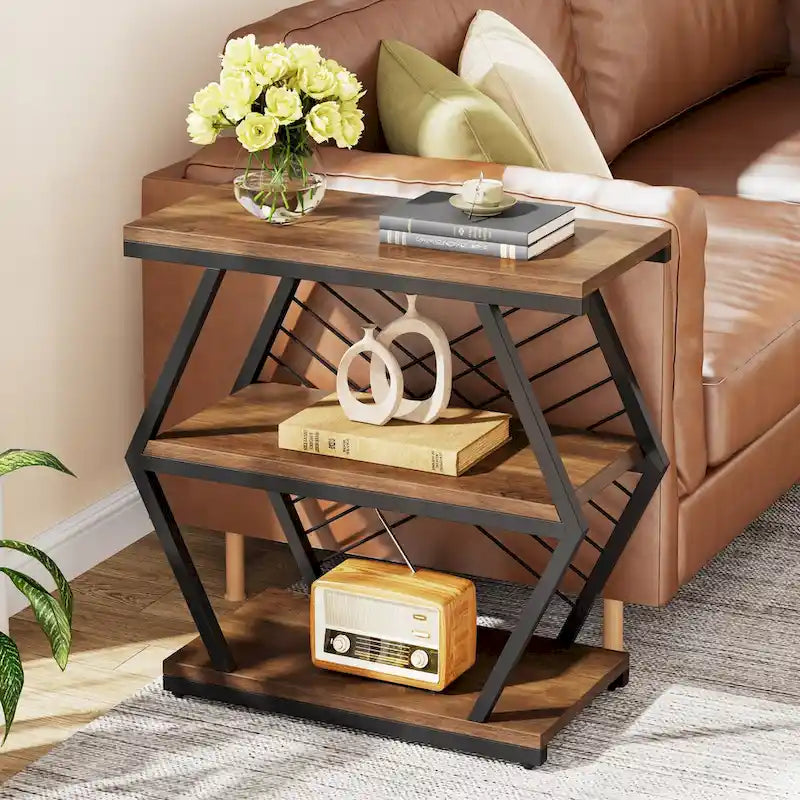 25 End Table 3 - Tier Side Table with Metal Frame for Living Room Couch Side , Nightstands Bedsides Table for Bedroom