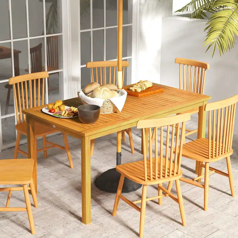 Rectangle Patio Table for 6 , Outdoor Dining Table with Umbrella Hole , Acacia Wood Table for Garden , Backyard , Deck