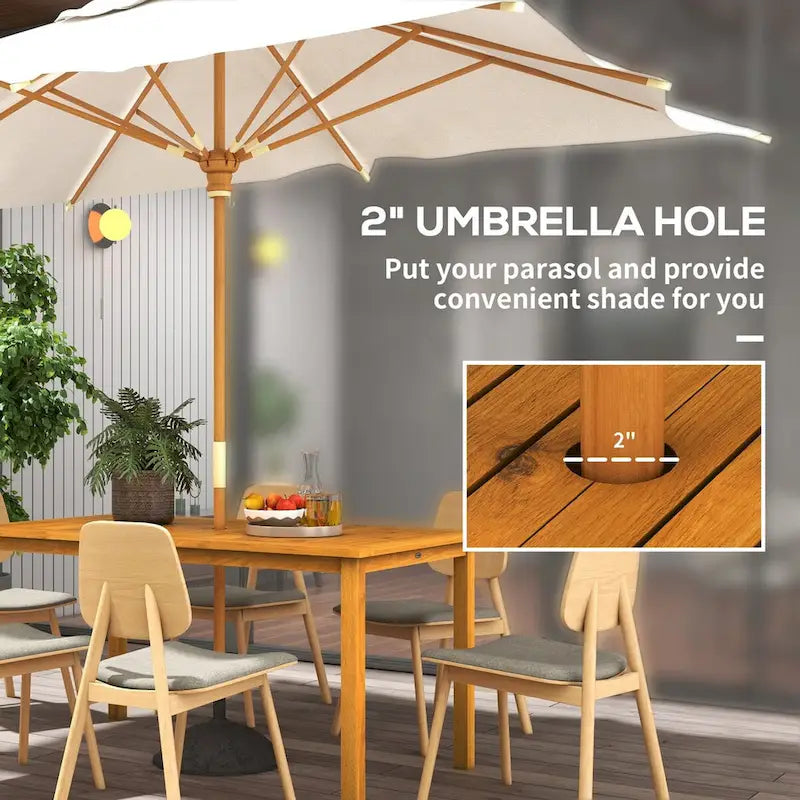 Rectangle Patio Table for 6 , Outdoor Dining Table with Umbrella Hole , Acacia Wood Table for Garden , Backyard , Deck