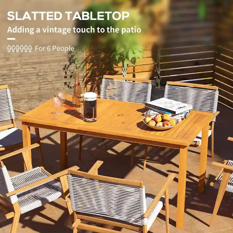 Rectangle Patio Table for 6 , Outdoor Dining Table with Umbrella Hole , Acacia Wood Table for Garden , Backyard , Deck