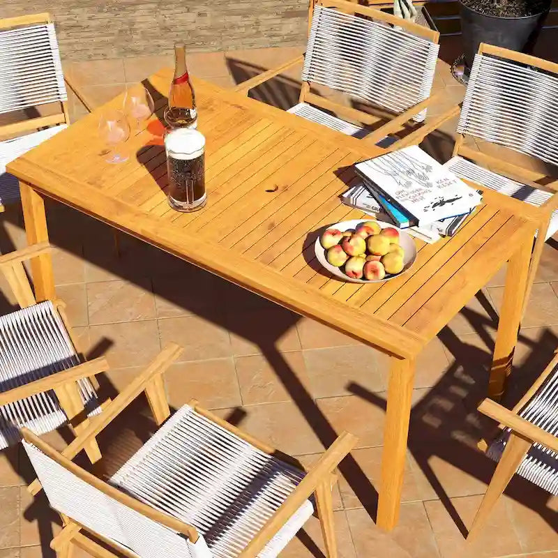Rectangle Patio Table for 6 , Outdoor Dining Table with Umbrella Hole , Acacia Wood Table for Garden , Backyard , Deck