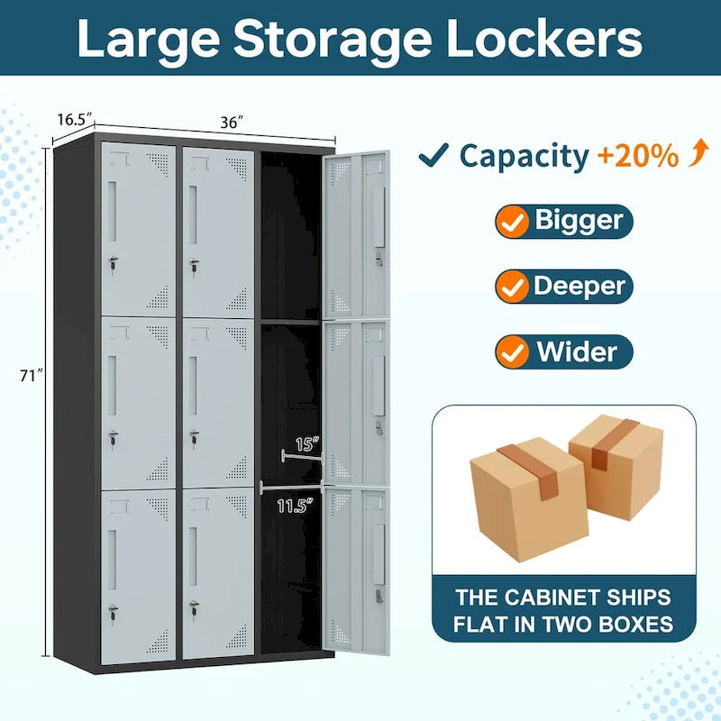 3 Tier 3 - Wide Metal Locker with 9 Doors