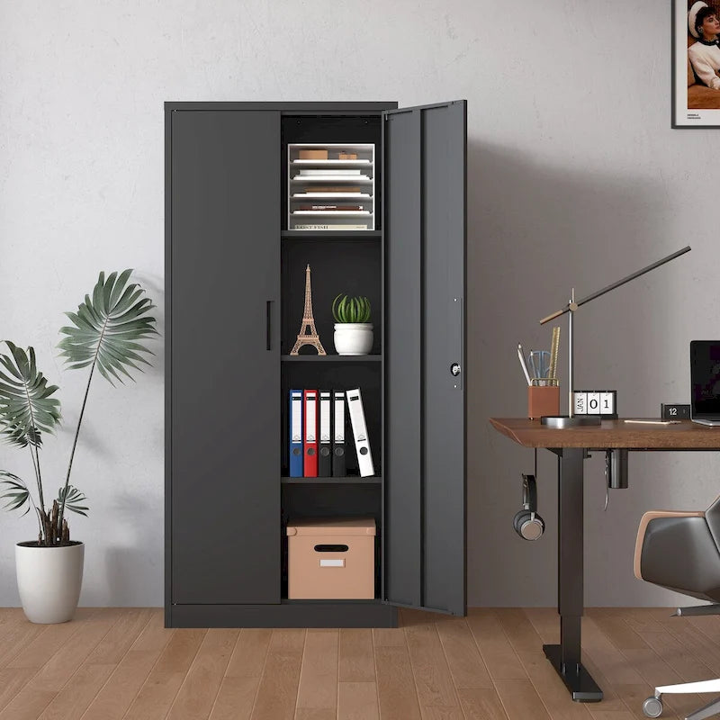 71H Metal Garage Storage Cabinet , Black Tool Steel Locking Cabinet with Doors and 3 Shelves , Tall Cabinets for Garage Storage