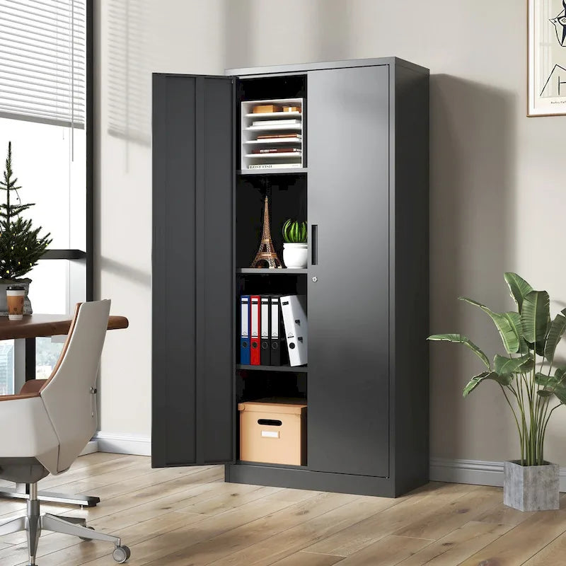 71H Metal Garage Storage Cabinet , Black Tool Steel Locking Cabinet with Doors and 3 Shelves , Tall Cabinets for Garage Storage