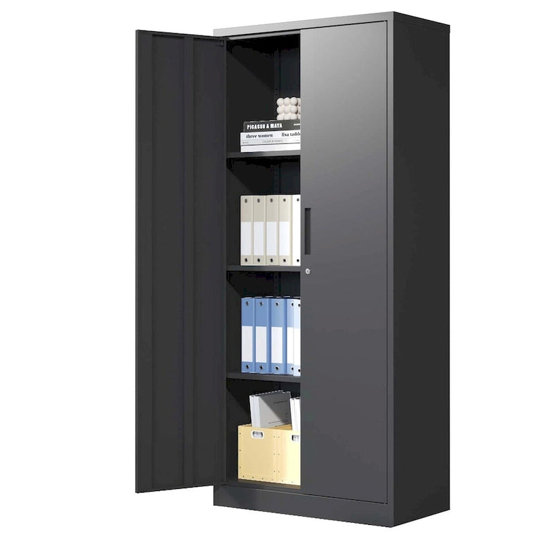 71H Metal Garage Storage Cabinet , Black Tool Steel Locking Cabinet with Doors and 3 Shelves , Tall Cabinets for Garage Storage