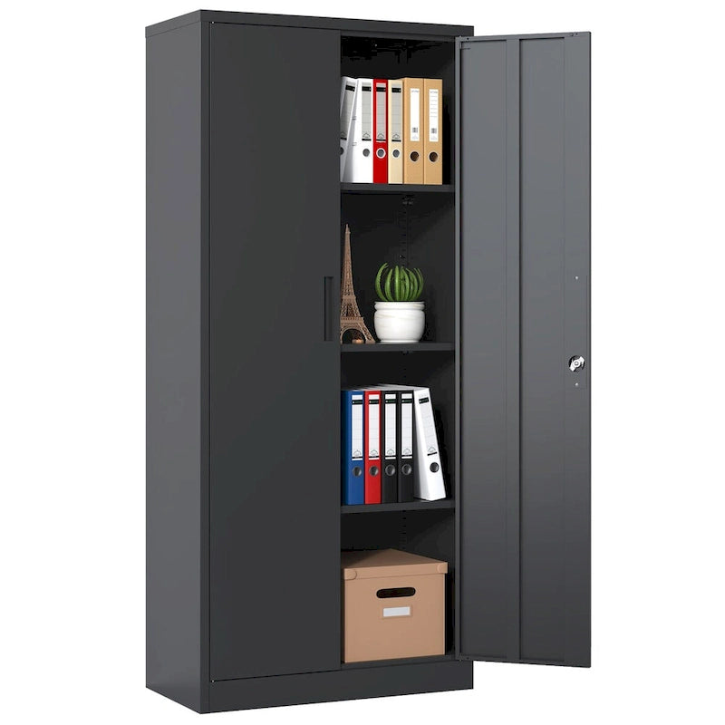 71H Metal Garage Storage Cabinet , Black Tool Steel Locking Cabinet with Doors and 3 Shelves , Tall Cabinets for Garage Storage