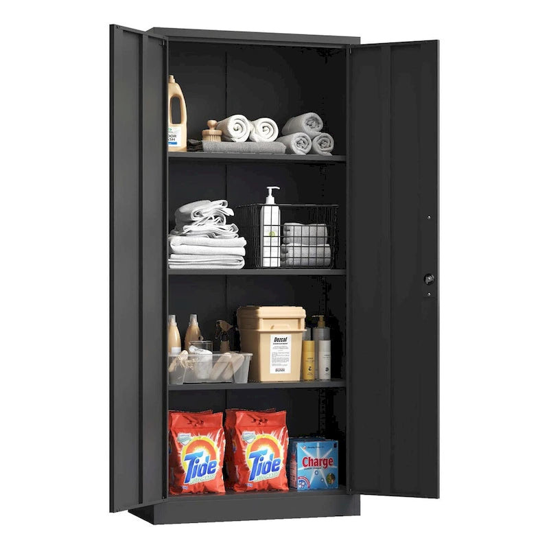 71H Metal Garage Storage Cabinet , Black Tool Steel Locking Cabinet with Doors and 3 Shelves , Tall Cabinets for Garage Storage