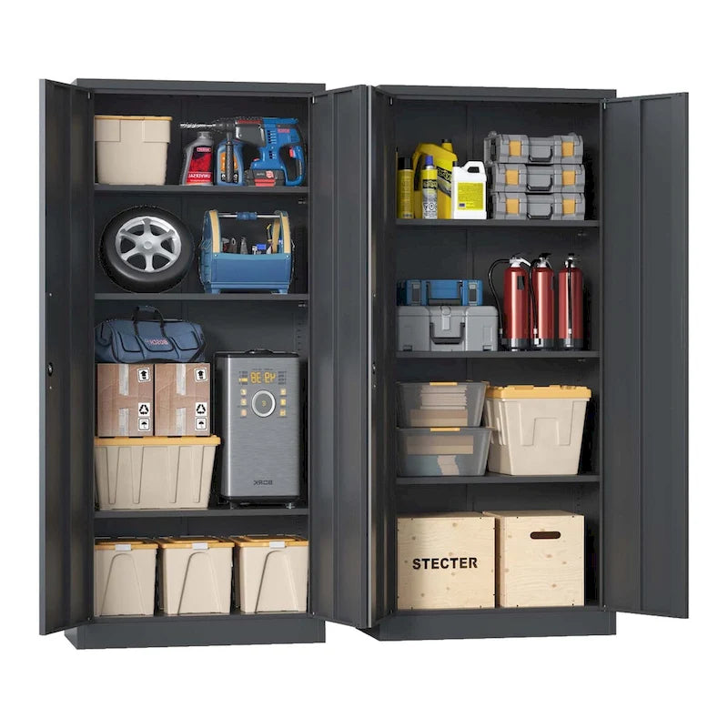 71H Metal Garage Storage Cabinet , Black Tool Steel Locking Cabinet with Doors and 3 Shelves , Tall Cabinets for Garage Storage