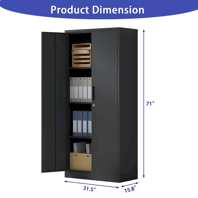 71H Metal Garage Storage Cabinet , Black Tool Steel Locking Cabinet with Doors and 3 Shelves , Tall Cabinets for Garage Storage