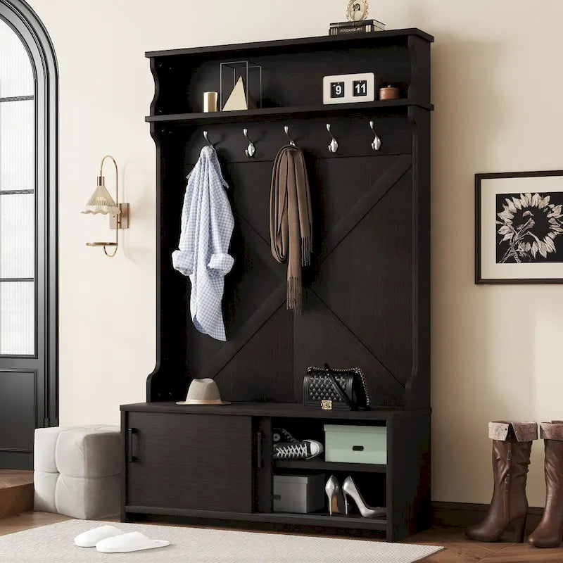 Hall Tree with Top Shelf and Storage Bench , Hallway Shoe Cabinet with Sliding Doors , Coat Rack with 5 Hanging Hooks