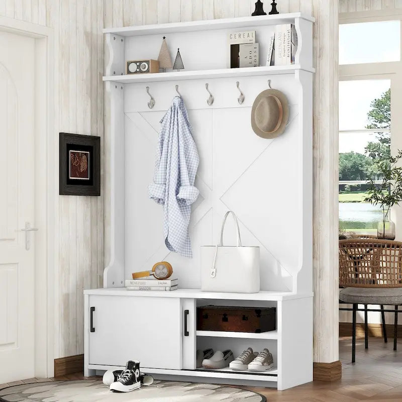 Hall Tree with Top Shelf and Storage Bench , Hallway Shoe Cabinet with Sliding Doors , Coat Rack with 5 Hanging Hooks