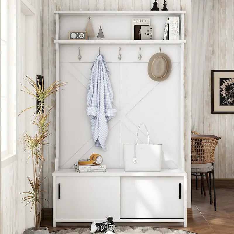 Hall Tree with Top Shelf and Storage Bench , Hallway Shoe Cabinet with Sliding Doors , Coat Rack with 5 Hanging Hooks