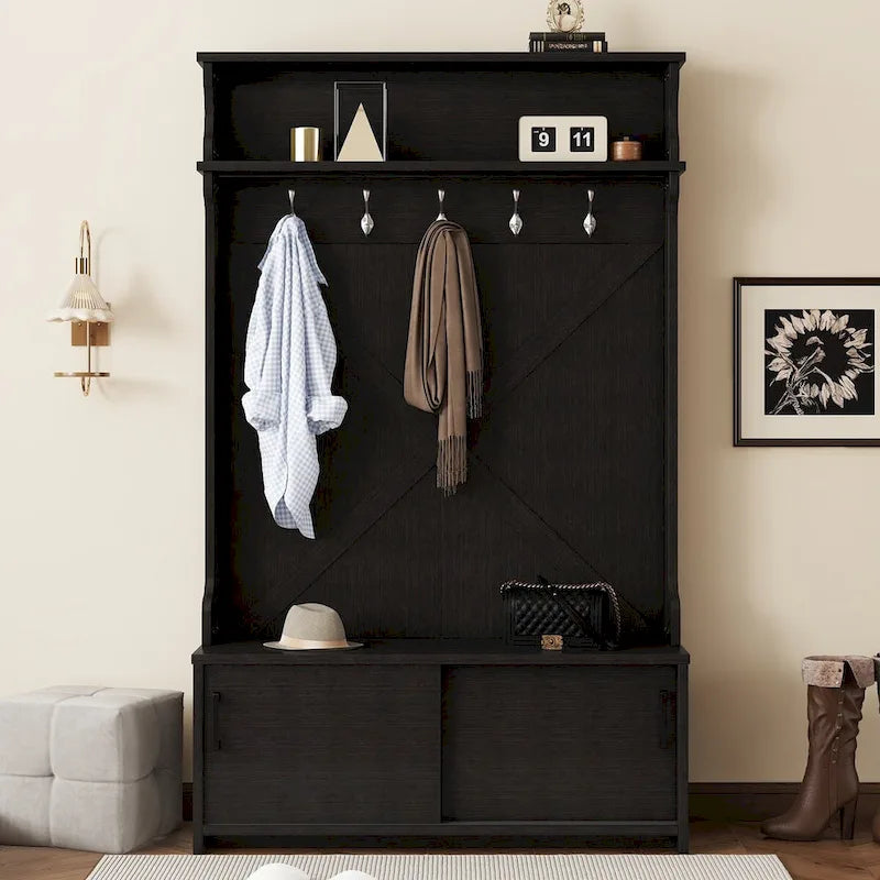 Hall Tree with Top Shelf and Storage Bench , Hallway Shoe Cabinet with Sliding Doors , Coat Rack with 5 Hanging Hooks