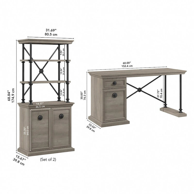 60W Designer Desk with Set of Two Bookcases